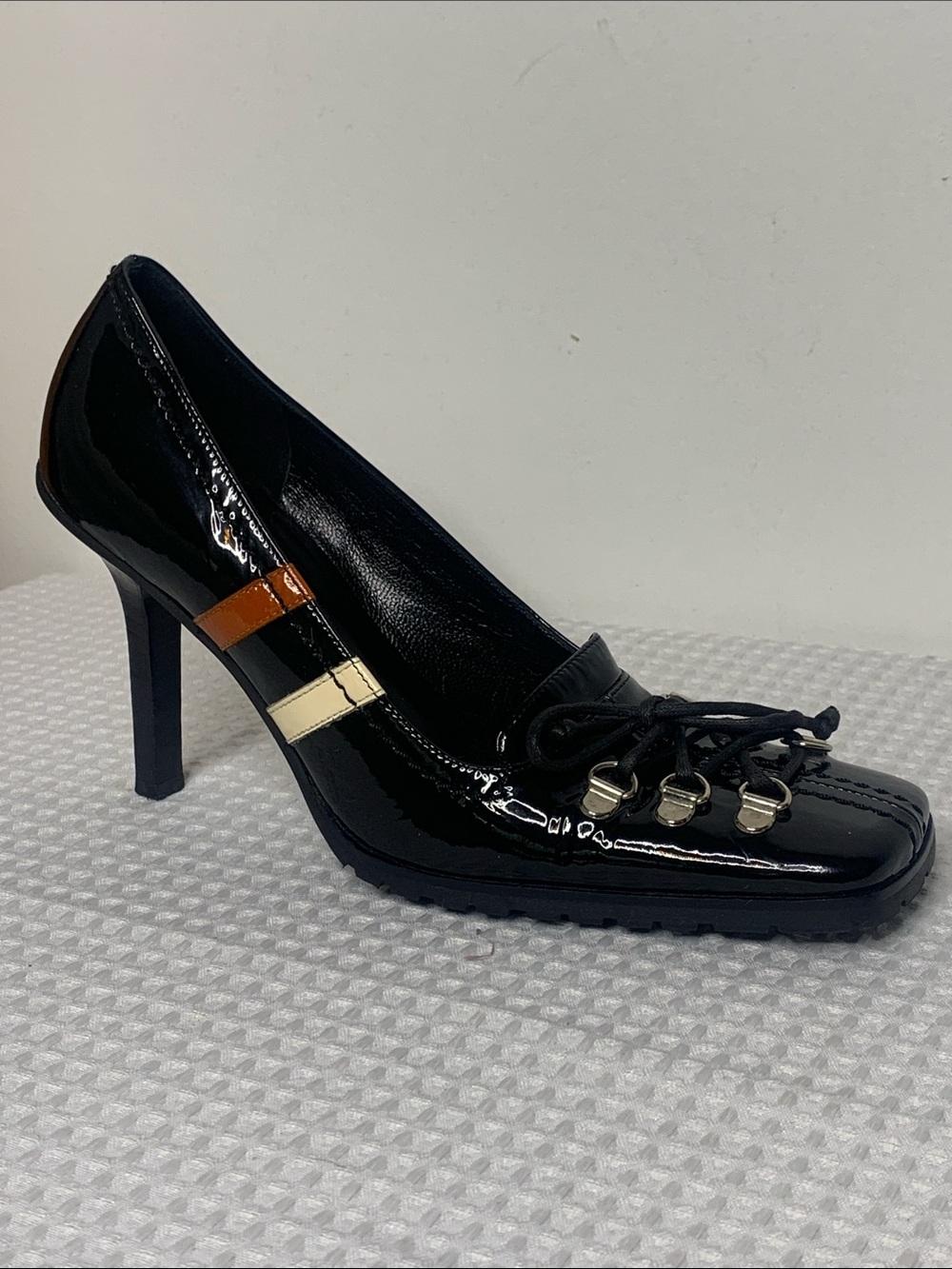 Steven by Steve Madden Italy Patent Leather lace up striped preppy Goth heels